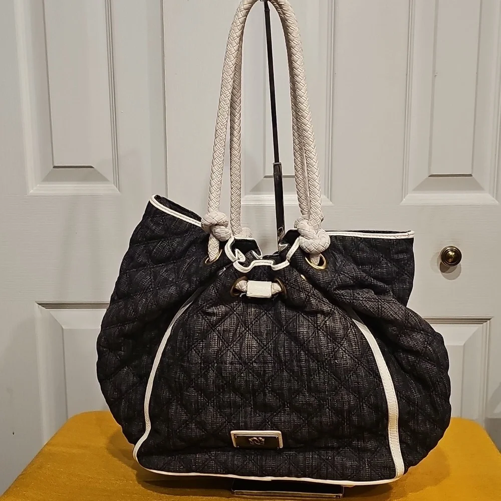 Sharif Quilted Black Denim Fabric & Braided Leather Straps Shoulder Bag NWOT